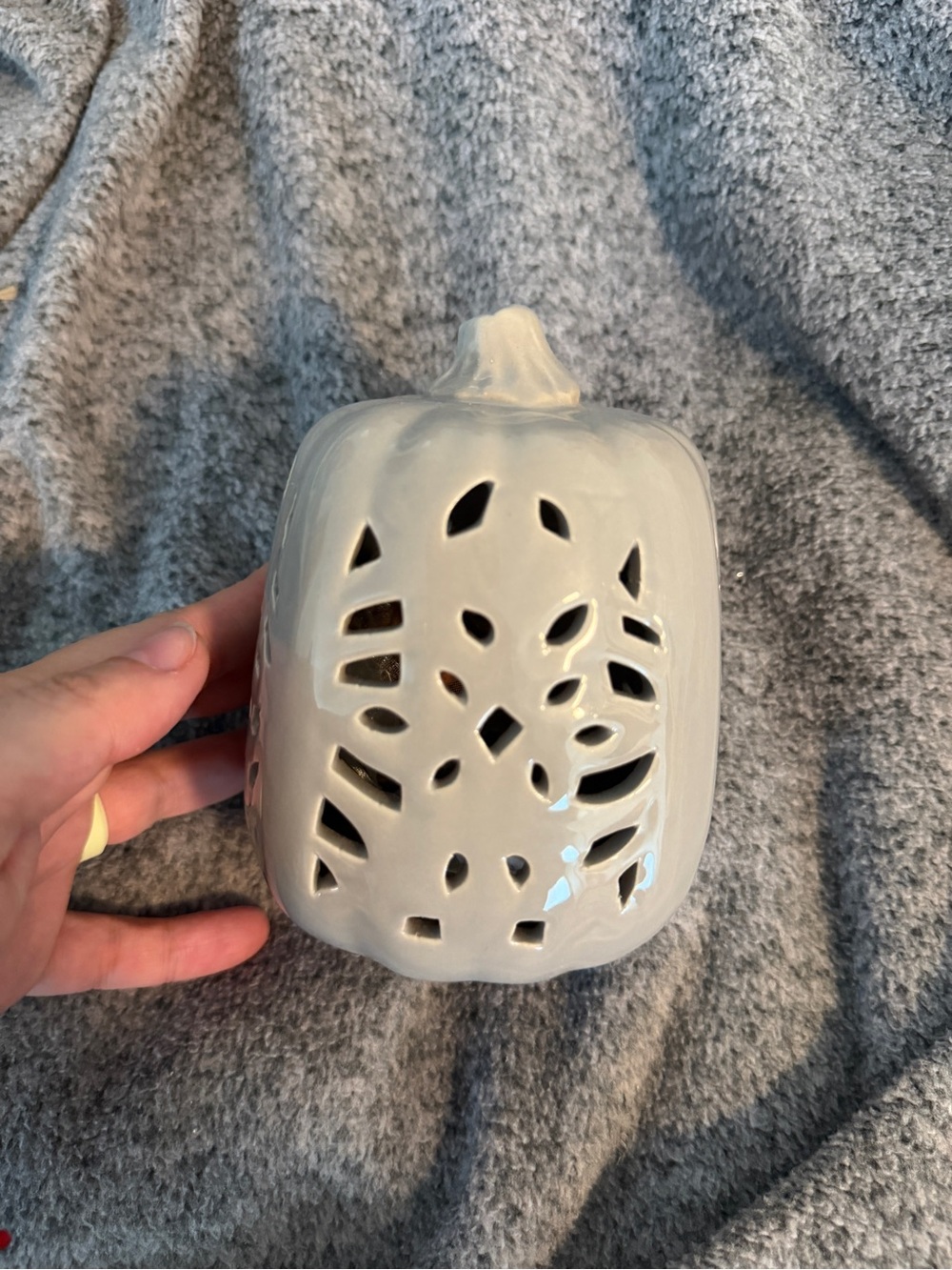 Ceramic Pumpkin Lantern in Neutral White — Decorative Cutout Accent